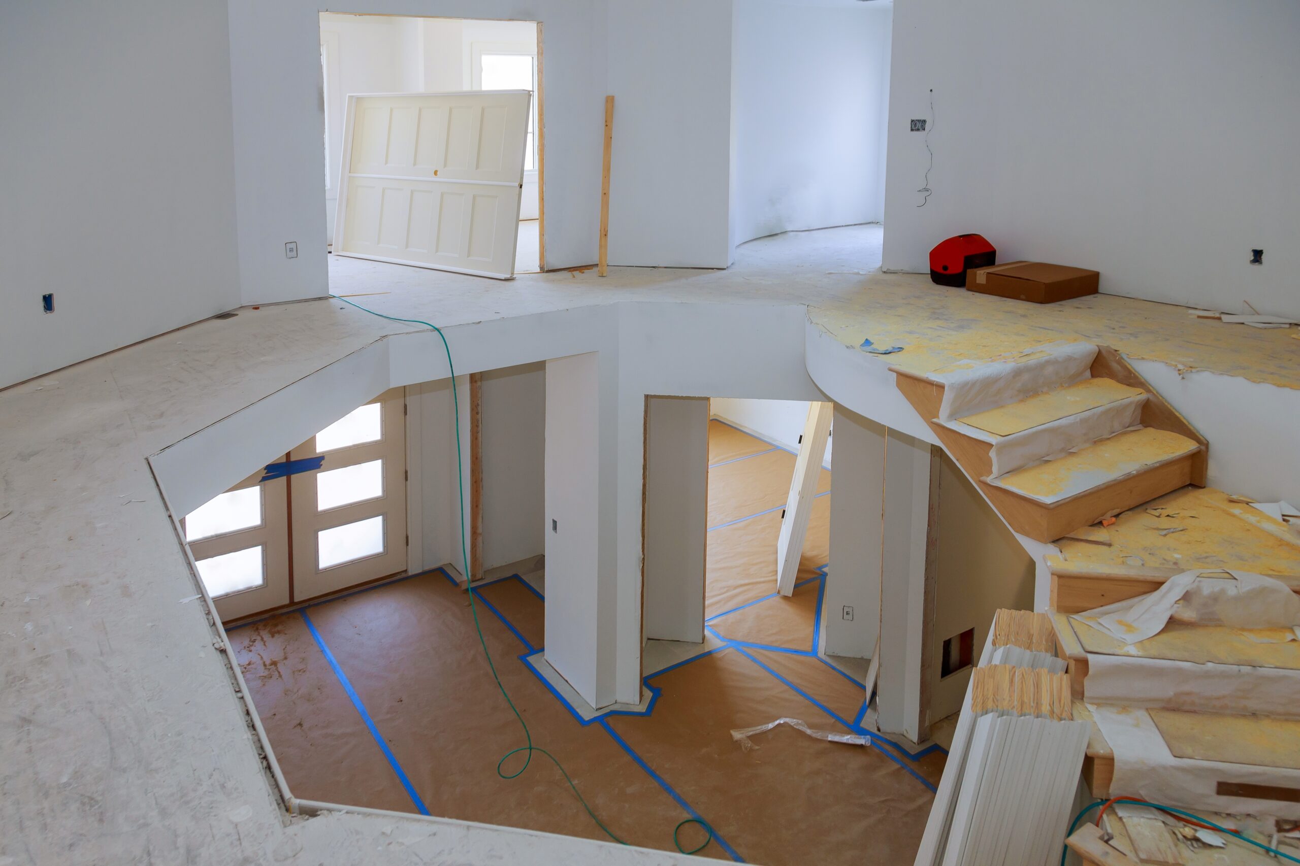 Interior construction of housing project with drywall installed door for a new home before installing